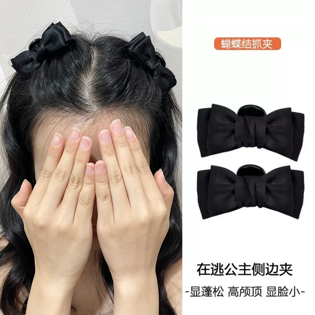 2025新款甜妹黑色蝴蝶结公主侧边前额刘海头饰百搭发夹小号抓夹