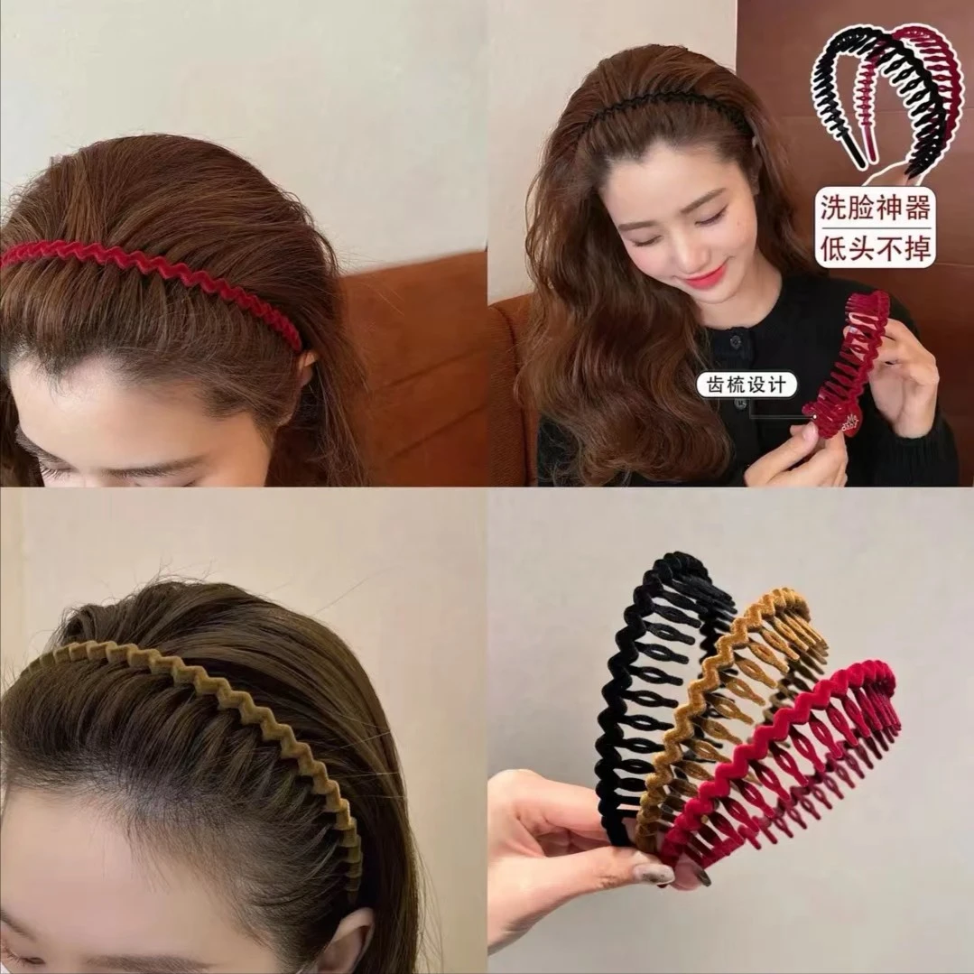 非金属布艺发饰 植绒洗脸百搭ins发箍女带齿防滑 发箍