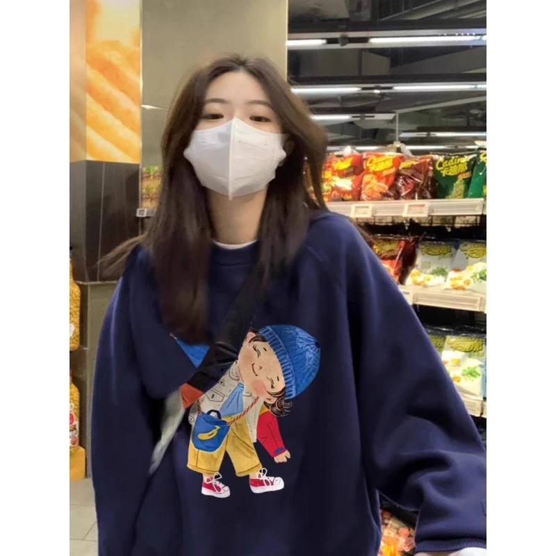 藏蓝色2024年春秋美式复古小个子长袖卫衣女慵懒风宽松套头上衣潮