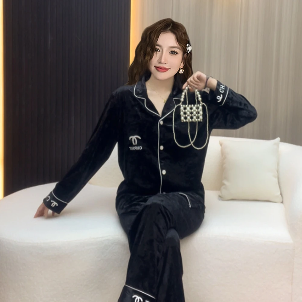 小香风金丝绒睡衣女春秋季2024年新款长袖秋冬天家居服套装可外穿