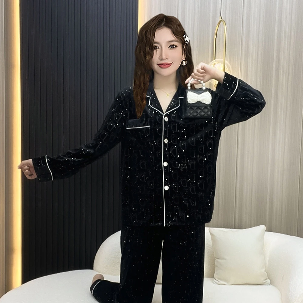 小香风金丝绒睡衣女春秋季2024年新款长袖秋冬天家居服套装可外穿