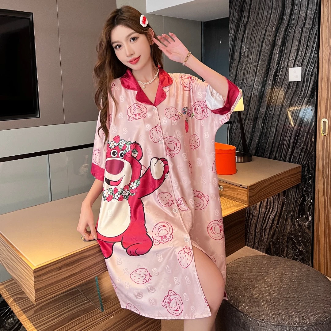 夏季冰丝提花睡裙女薄款小性感男朋友衬衫裙宽松大码卡通睡衣夏天