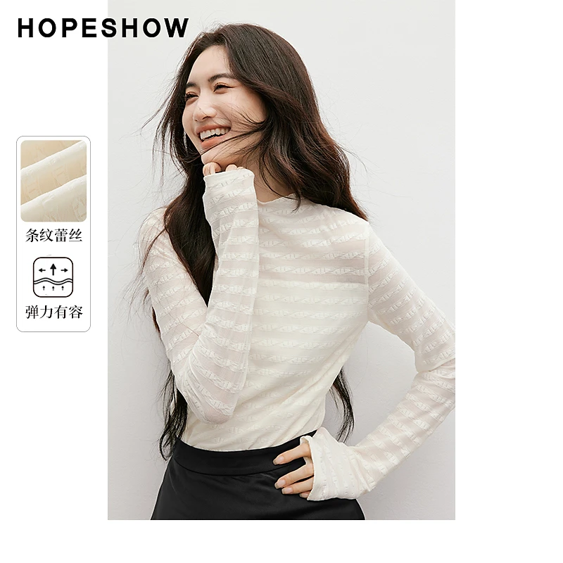 红袖冬季2024新款女装 条纹肌理感蕾丝小高领套头上衣90124450201