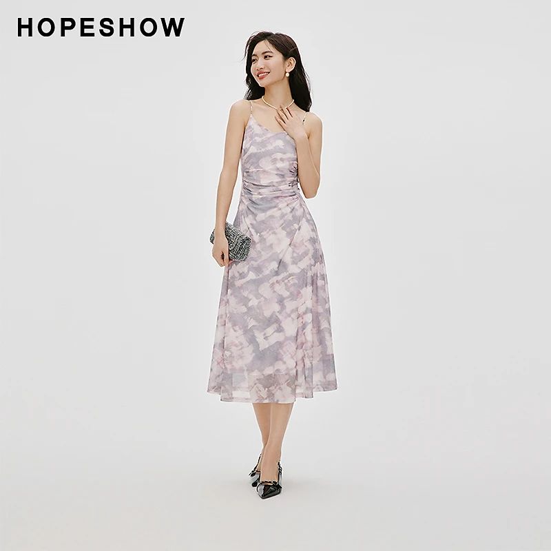 红袖春季2024新款女装 晕染印花收腰V领吊带连衣裙90124011603