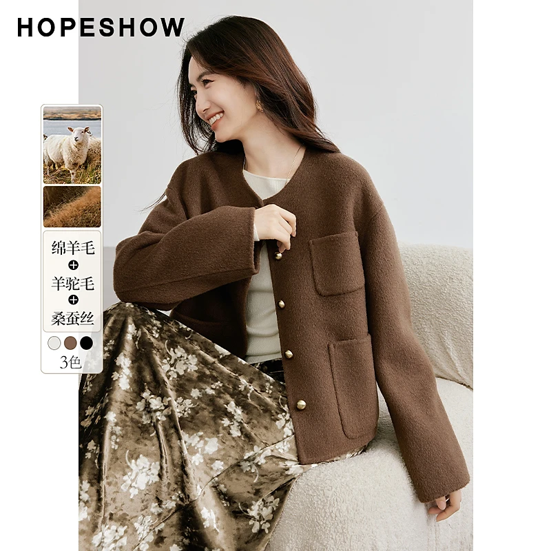 红袖冬季2024新款女装 落肩单排扣圆领双面呢短大衣90124330824