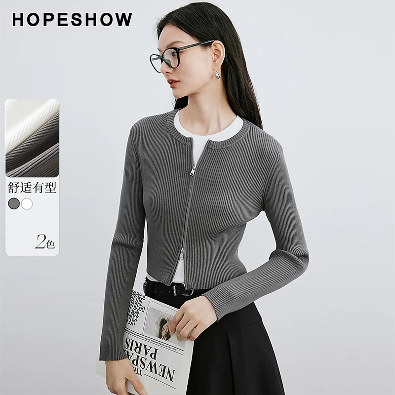 红袖春季2024新款女装 肌理感双拉链圆领针织开衫90124060104长袖