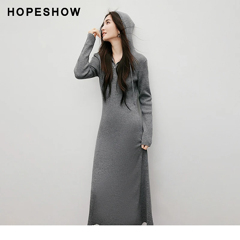 红袖春季2025新款女装肌理感收腰连帽套头针织秋冬冬季连衣裙显瘦