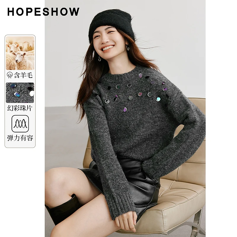 【美利奴羊毛】红袖秋冬季幻彩珠片落肩圆领套头针织衫90124390104