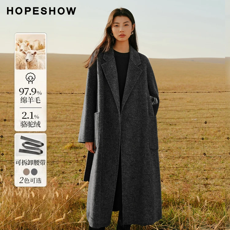 红袖冬季2024新款女装 系带落肩连身袖西装领双面呢90124340819