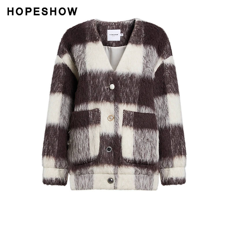 红袖冬季新款女装 绒感格纹异型扣V领短大衣外套89623410813