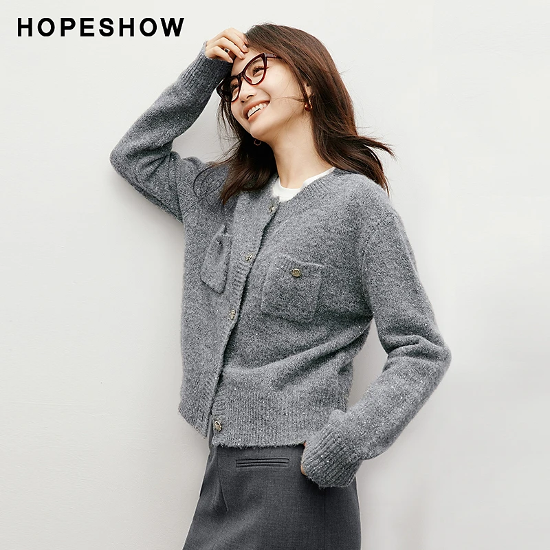 红袖秋季2024新款女装 亮丝珠片单排扣圆领针织开衫90124310107