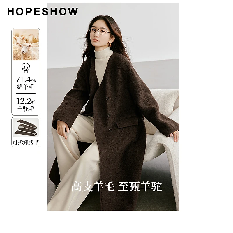 红袖冬季2024新款女装 系带落肩双排扣V领双面呢90124330815