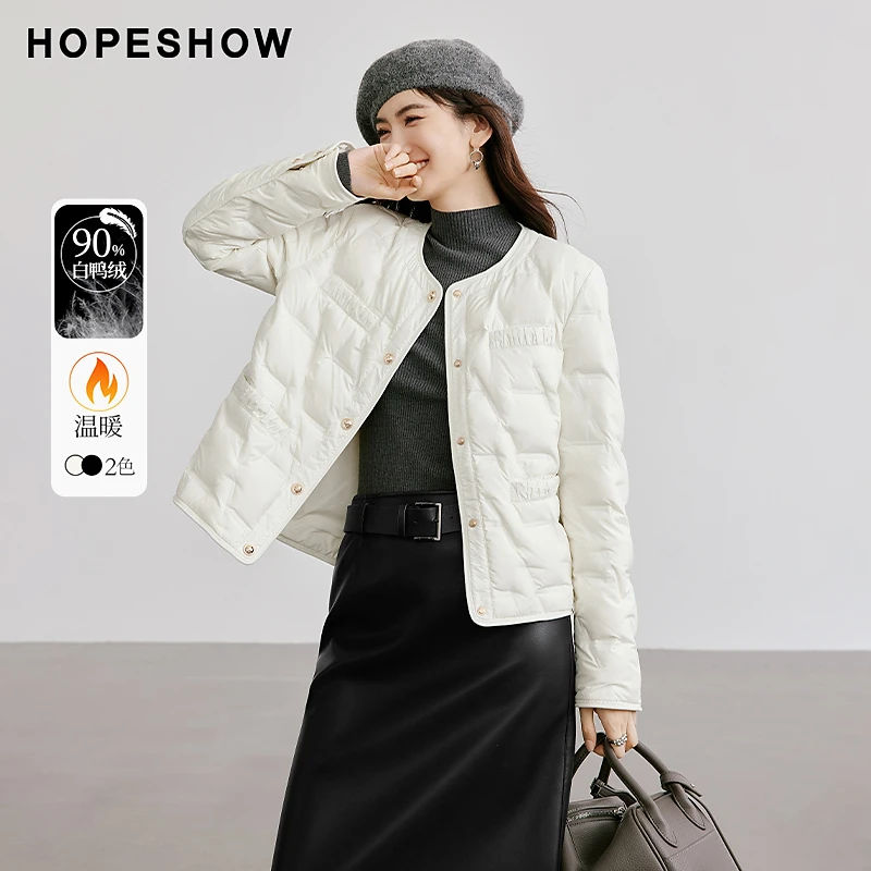 红袖冬季2024新款女装 千金风压胶单排扣圆领羽绒服90224340901