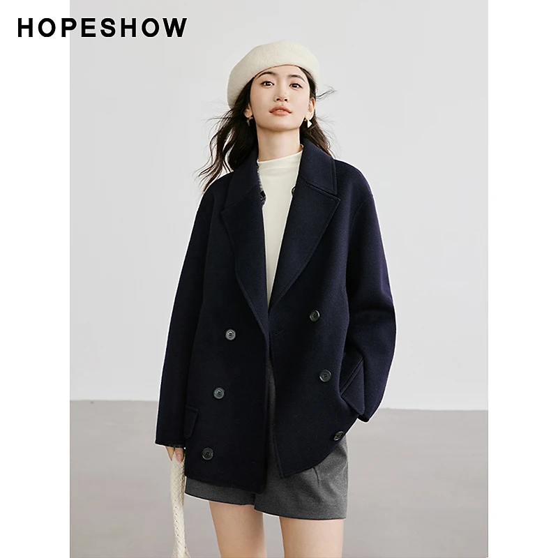 红袖冬季秋冬新款女装落肩双排扣翻驳领一手长双面呢90124370804