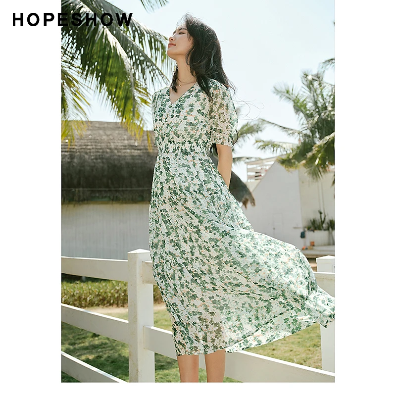 红袖夏季2025气质新款女装印花收腰V领套头雪纺连衣裙90124111606