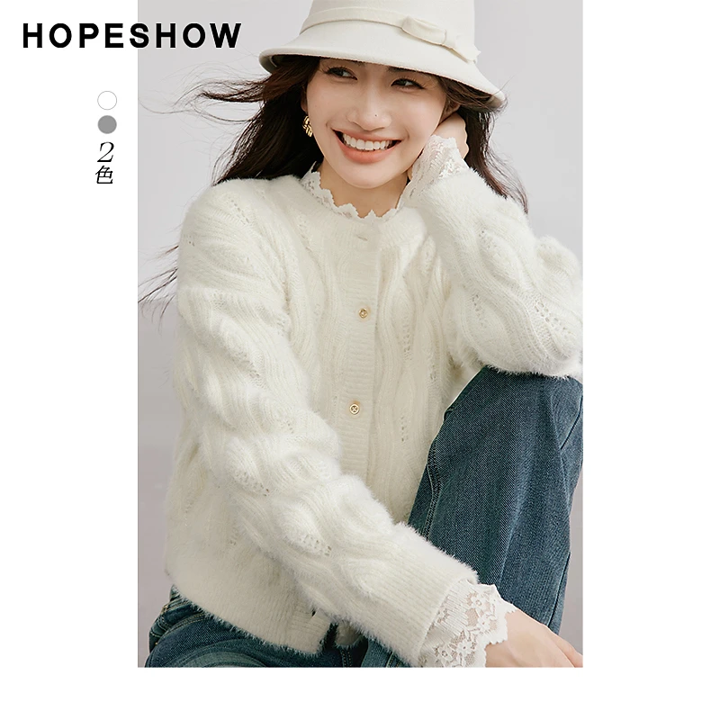 红袖冬季2024新款女装 亮丝水波纹落肩单排扣针织开衫90124330101