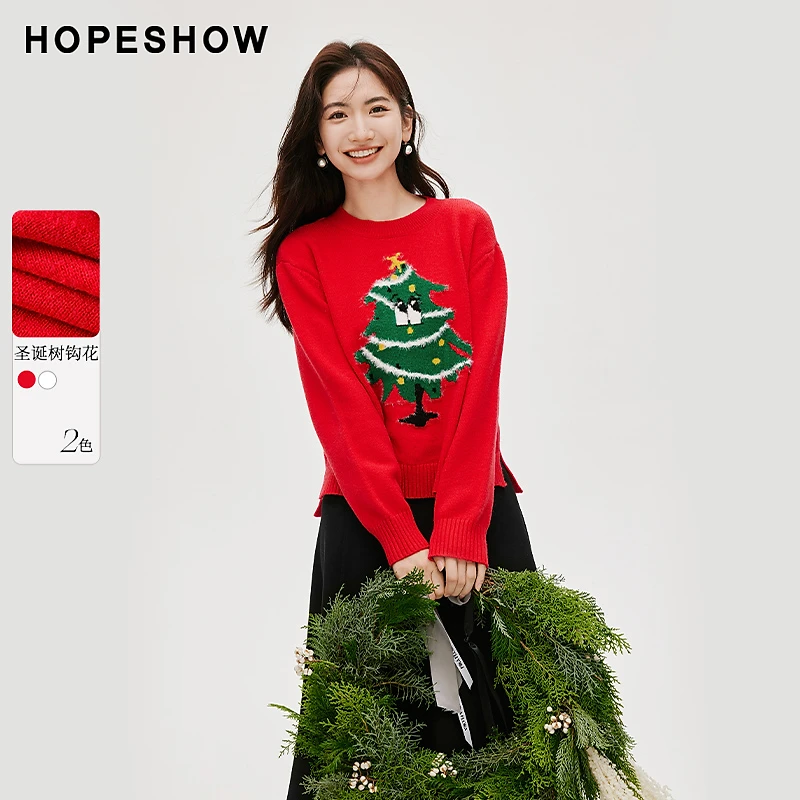 红袖圣诞主题圆领套头针织衫90123420102