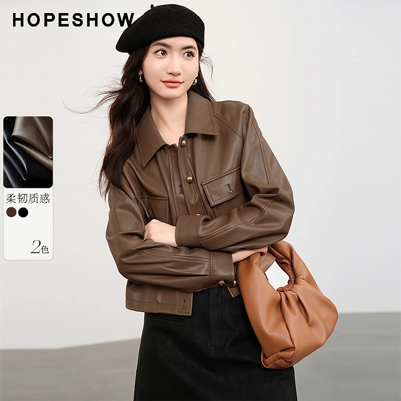 红袖秋季短款皮夹克外套新款女装插肩单排扣翻领外套90124030401