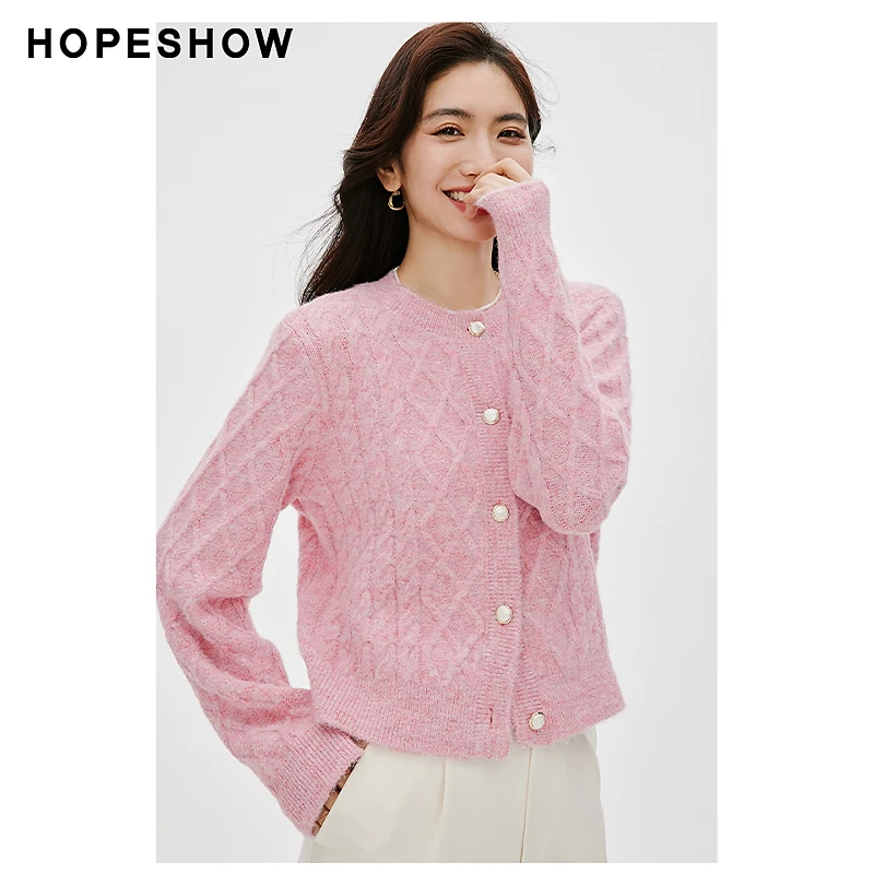 【陈大可专属】红袖绞花正肩单排扣圆领针织开衫90124010107