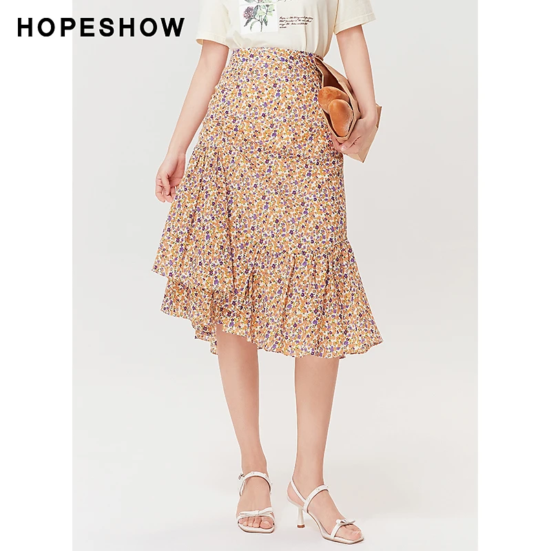 红袖夏季2022新款女装 不规则波浪边碎花抽绳半身裙89122211515