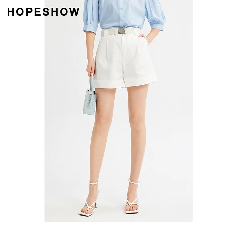 红袖夏季显瘦白色新款女装纯色金属腰带A字翻边短裤89223181212