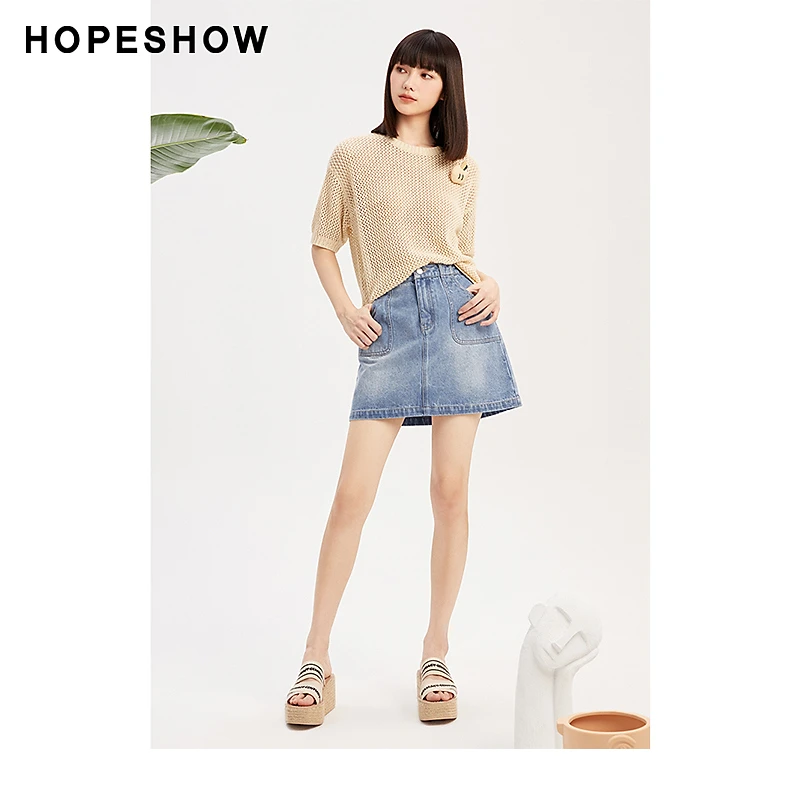 红袖春夏季新款女装 做旧水洗一粒扣牛仔短裙89123211511