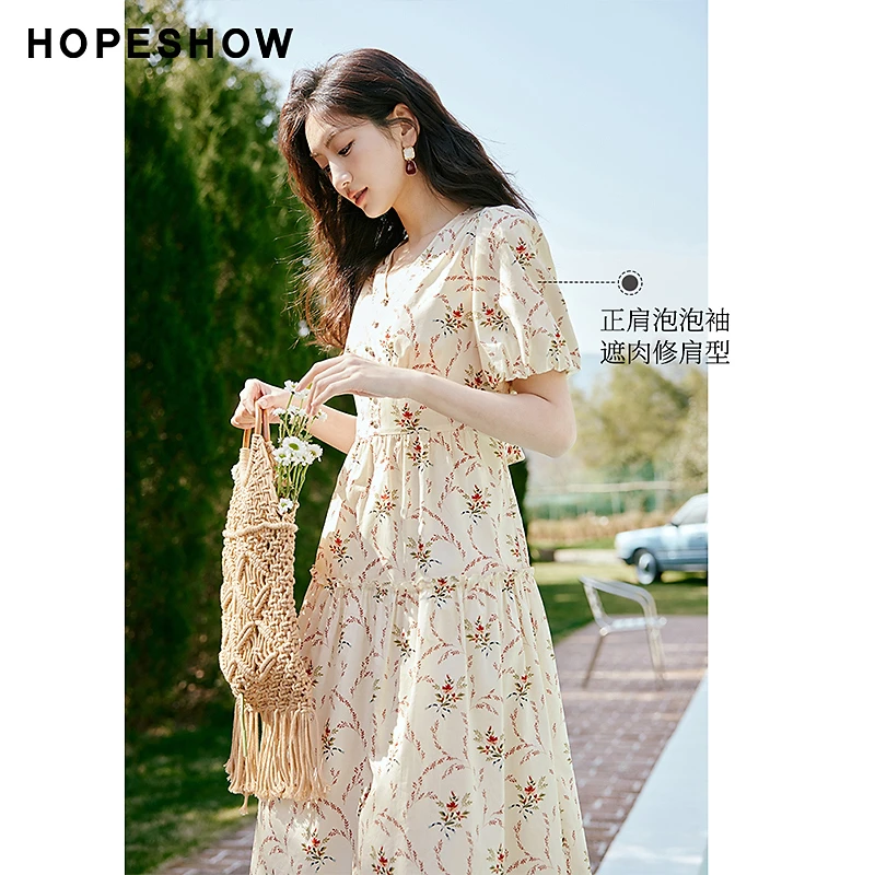 《李易行》红袖泡泡袖V领套头连衣裙90123131601