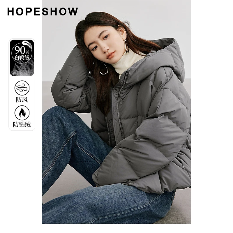 红袖冬季2024韩版新款女装珩线落肩拉链连帽羽绒服90124310913