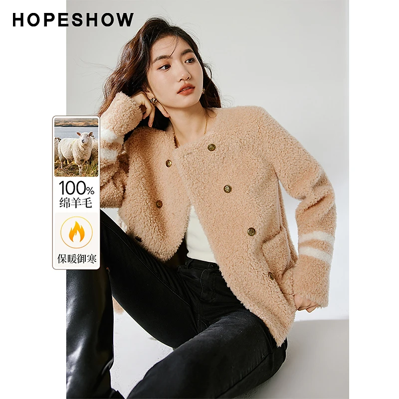 红袖冬季2023新款女装 条纹落肩双排扣圆领颗粒绒外套90123370403