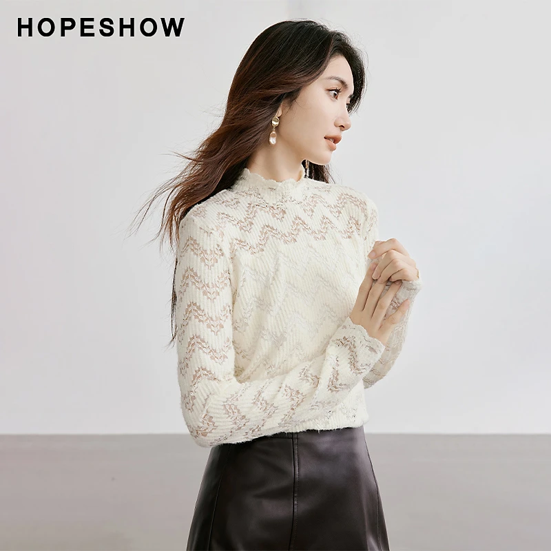 红袖冬季新款女装 肌理感蕾丝松紧半高领套头上衣90124370203气质