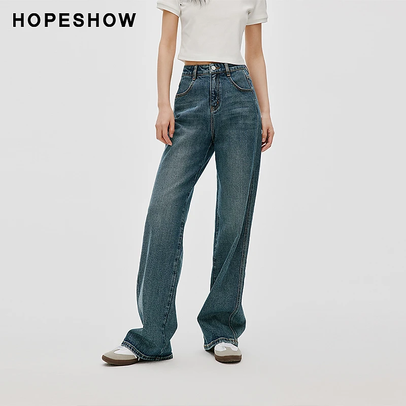 红袖2025修身新款女装做旧水洗一粒扣直筒牛仔长裤90124021301