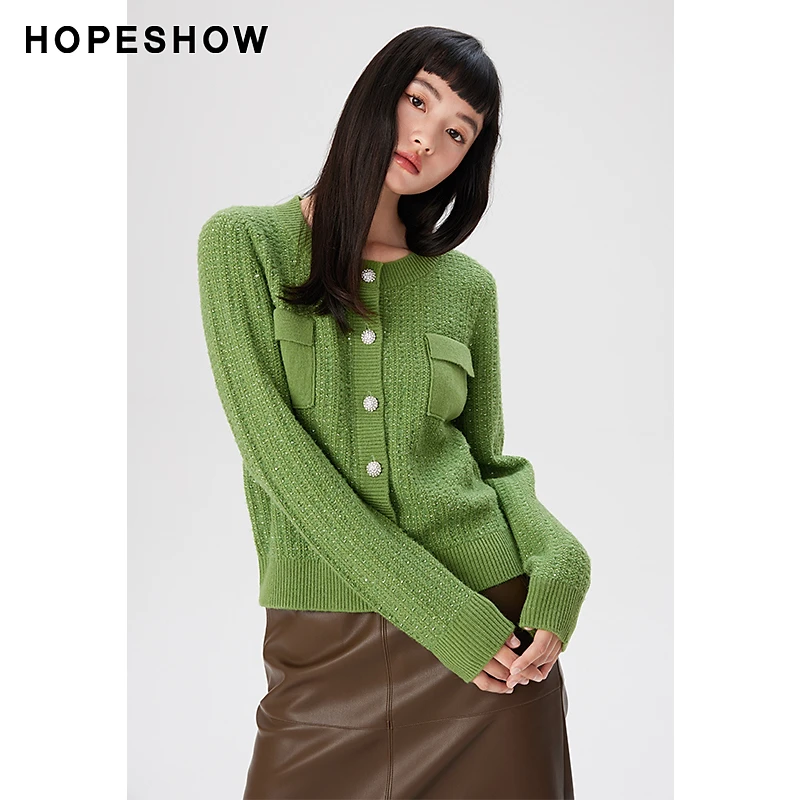 红袖秋季2023新款女装 香风珠片单排扣圆领针织开衫89123330121