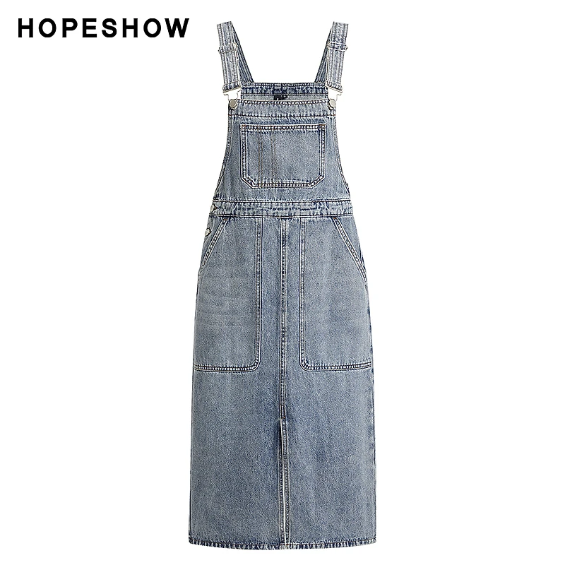 红袖秋季休闲新款女装复古水洗前开叉牛仔背带裙89423331618