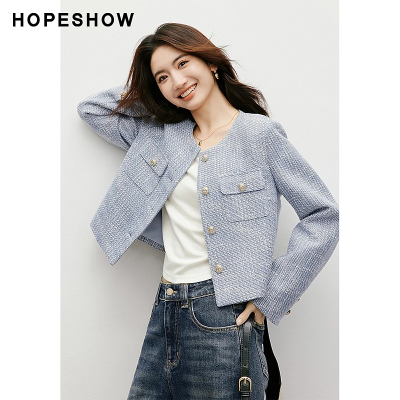 红袖2025秋季秋冬新款女装直身单排扣圆领粗花呢外套90124290408