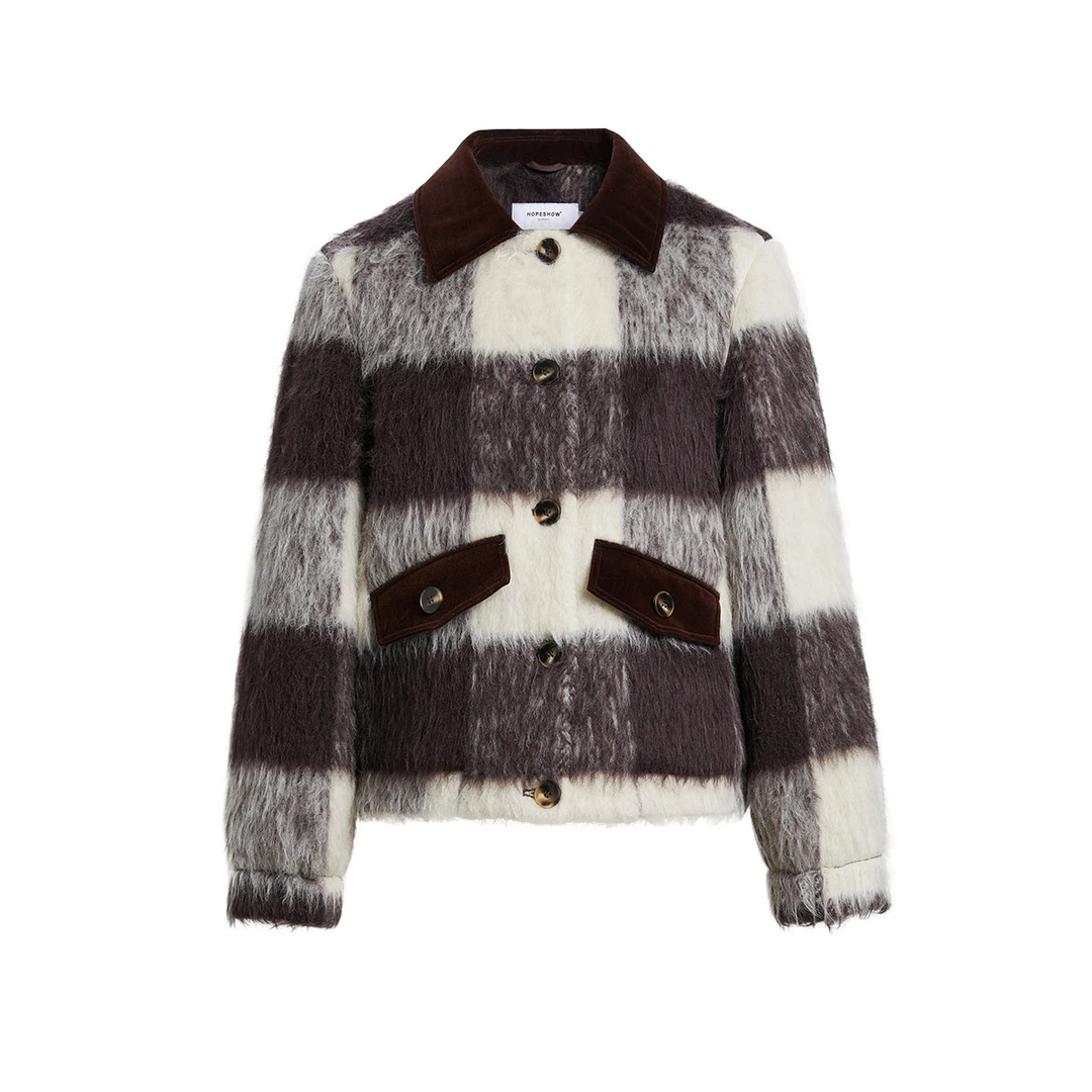 【籽言专属】红袖绒感格纹单排扣翻领短外套89623420418