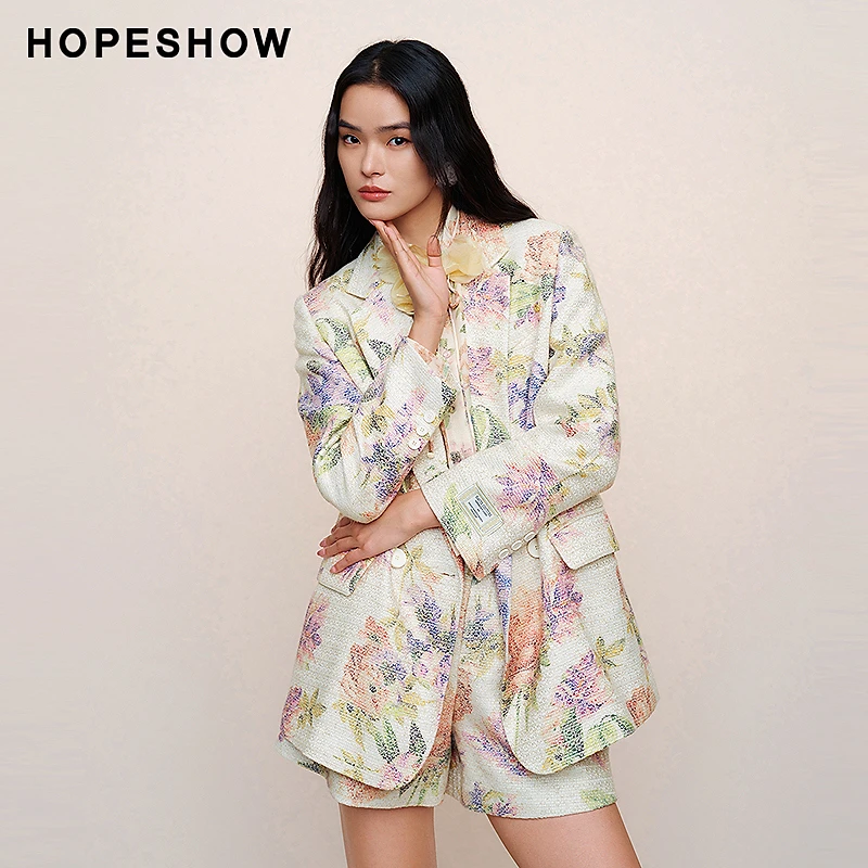 红袖春季2024新款女装 肌理感复古提花双排扣翻领一手长西装