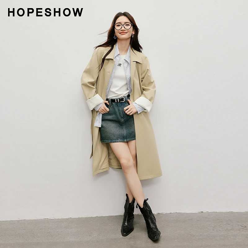 红袖秋季2024新款女装 插肩撞色袖单排扣翻领风衣90124270701