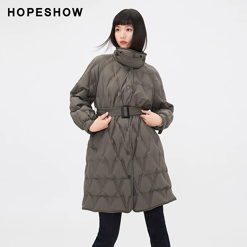 红袖冬季2023新款女装 几何切格系带单排扣立领羽绒服89123380908