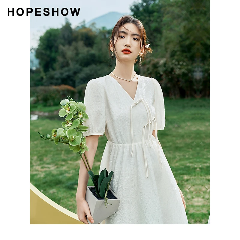 【唐长老专属】红袖国风灯笼袖盘扣V领套头连衣裙90123211603