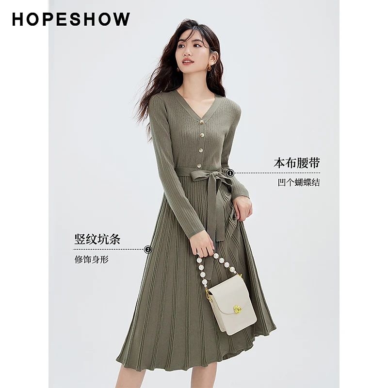 红袖气质新款女装长袖针织坑条正肩收腰V领套头连衣裙90123331601