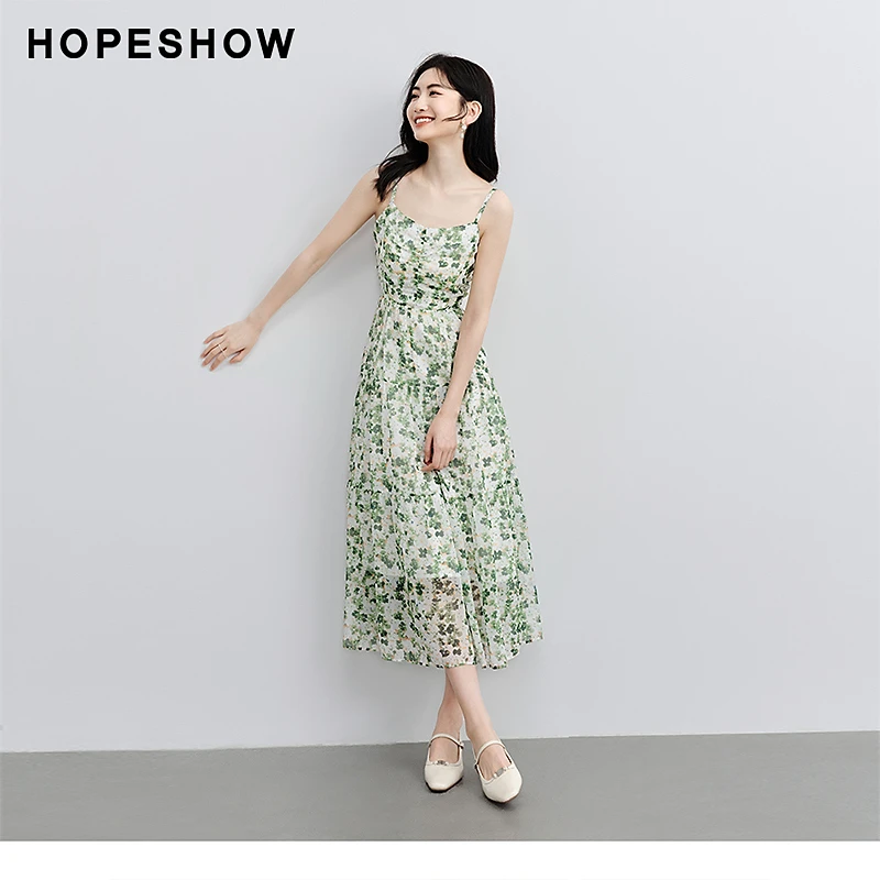 红袖2025夏季新款气质女装印花收腰吊带雪纺连衣裙90124111605