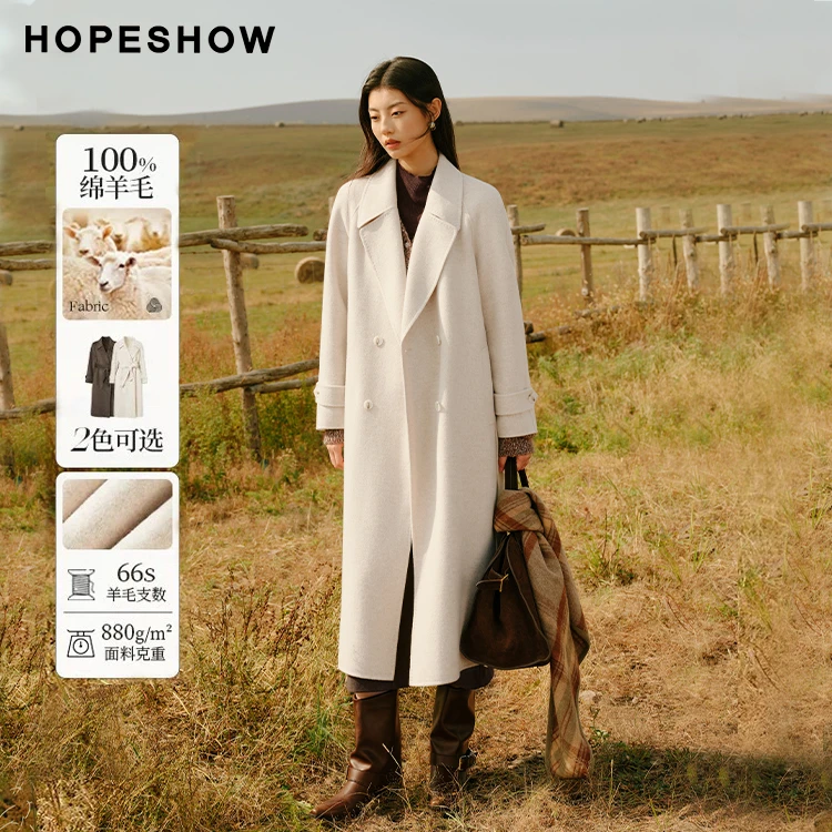 红袖冬季2024新款女装 系带插肩袖双排扣翻领双面呢90124350801