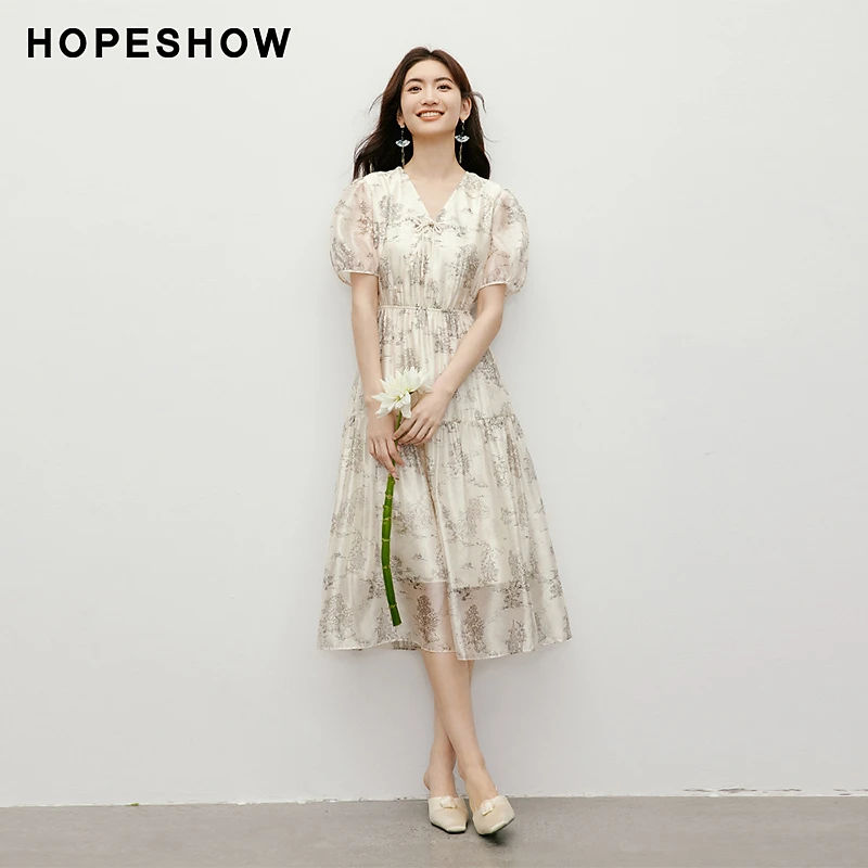 【赵老板专属】红袖【山水楼阁】收腰V领套头印花裙90124191618