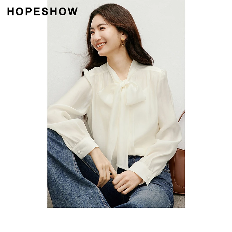 红袖秋季新款女装 正肩单排扣飘带领天丝衬衫90124320301春秋