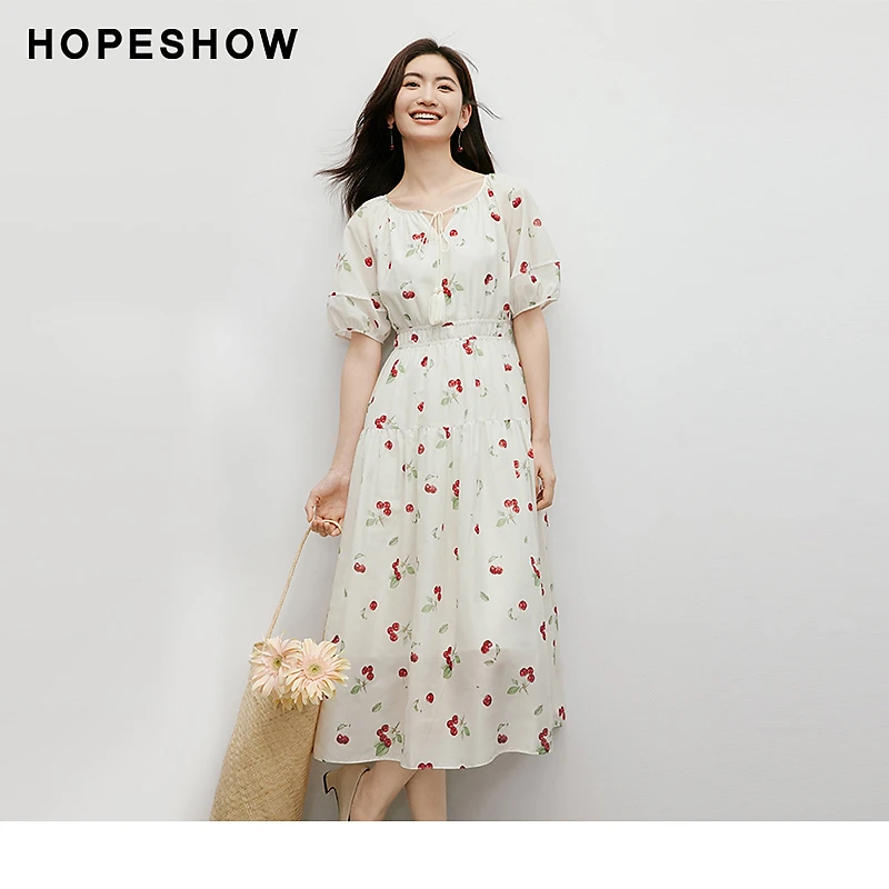 红袖夏季2025新款女装【落樱缤纷】收腰圆领印花裙90124191603