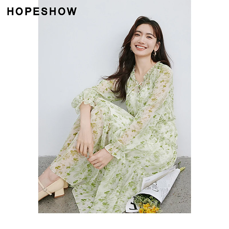 【诗语专属】红袖印花插肩抽褶圆领套头连衣裙90124061605