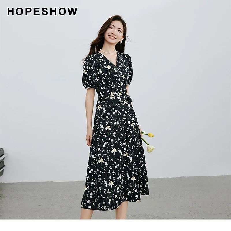 【小铃铛专属】红袖泡泡袖V领套头茶歇连衣裙90124091606