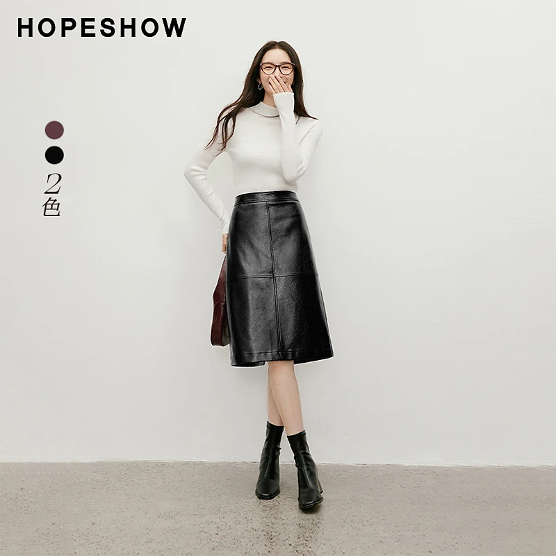 红袖秋季2024新款女装 肌理亮皮中高腰侧拉直筒半身裙90124321504