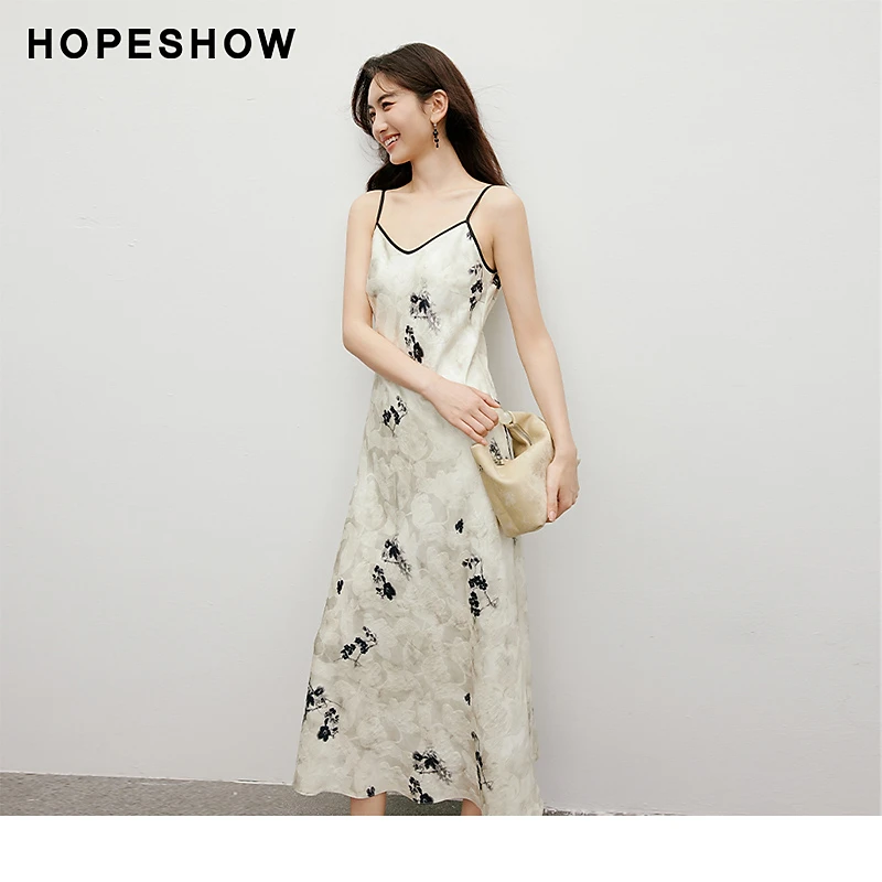 红袖秋季2024新款女装【墨影生花】V领吊带印花裙90124251605蕾丝