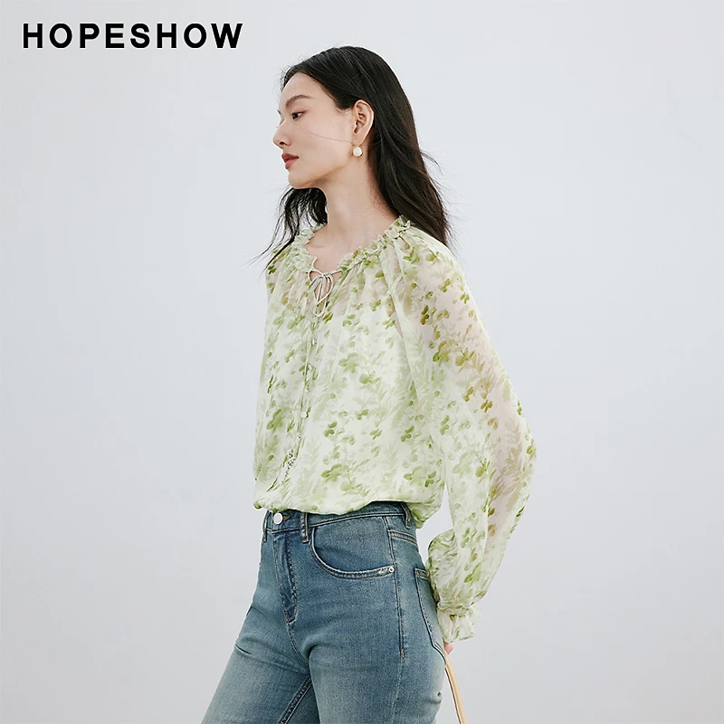 红袖春季2024小众新款女装印花插肩抽褶圆领套头上衣90124062003